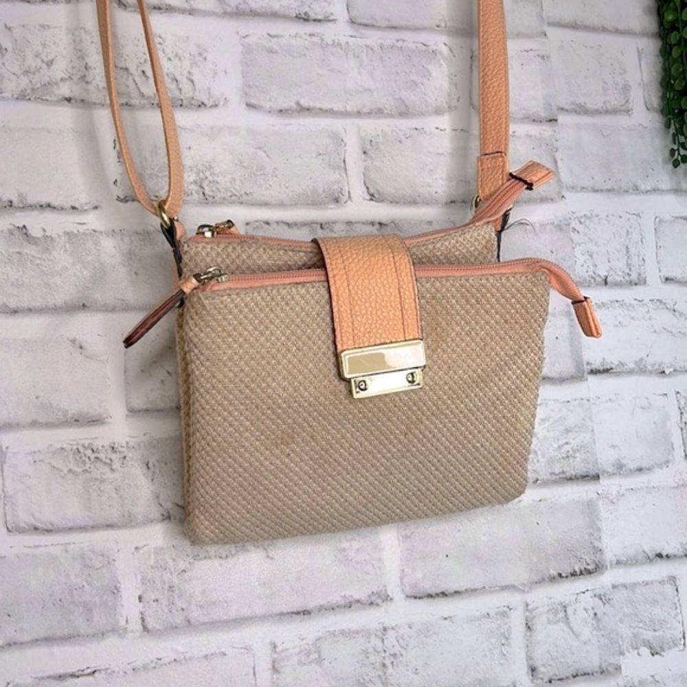 Boho Hippie Jute Crossbody Bag With Faux Leather Peach Trim Purse Beach